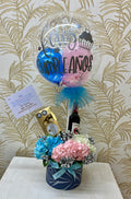 L-07  Cajonera hortensias, vino, chocolates y globo personalizado